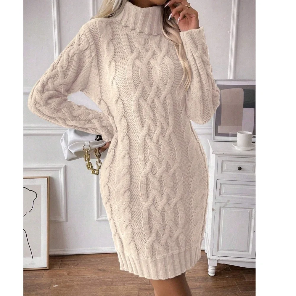 Cozy Solid Turtleneck Chunky Knit Sweater Dress - Picture 5 of 8